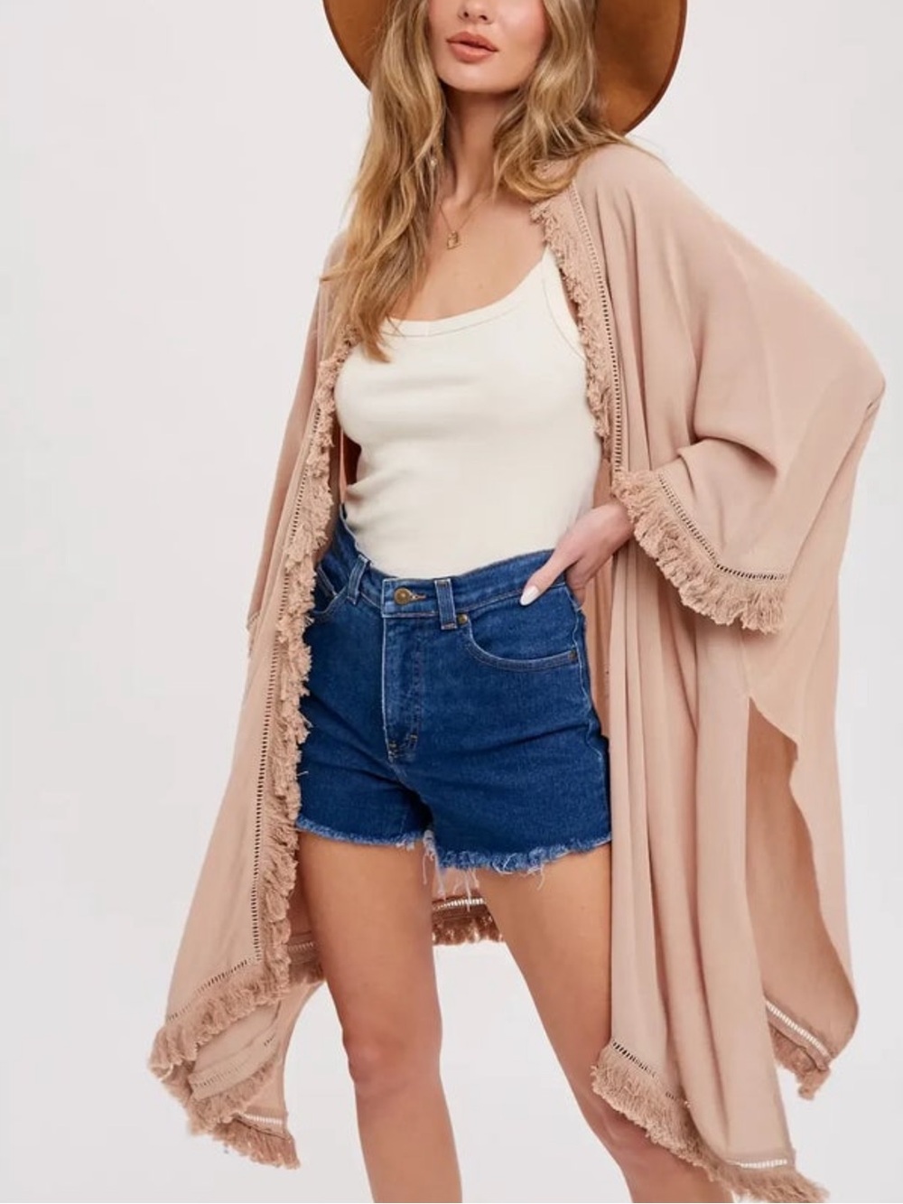 Bluivy Taupe Fringe-Trim Women’s Kimono Wrap M/L NWT